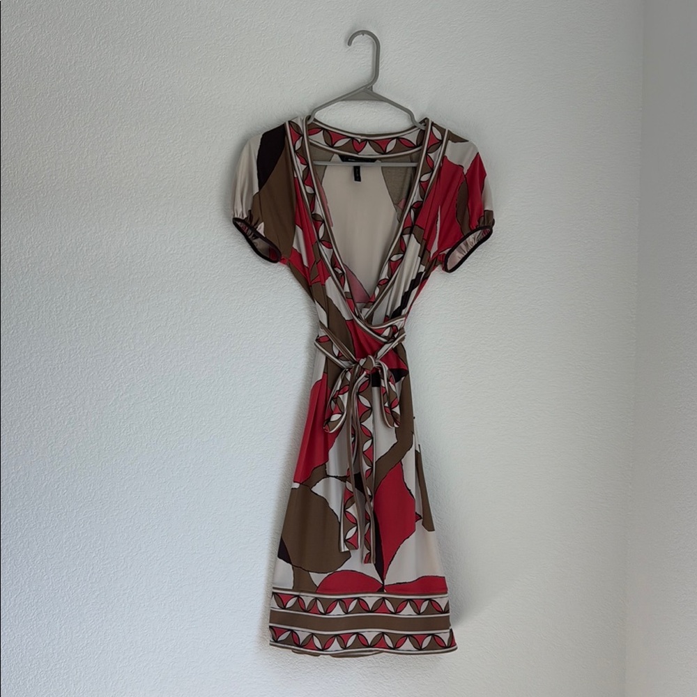 BCBGMaxAzria Red and Brown Puff Sleeve Mini Sundress